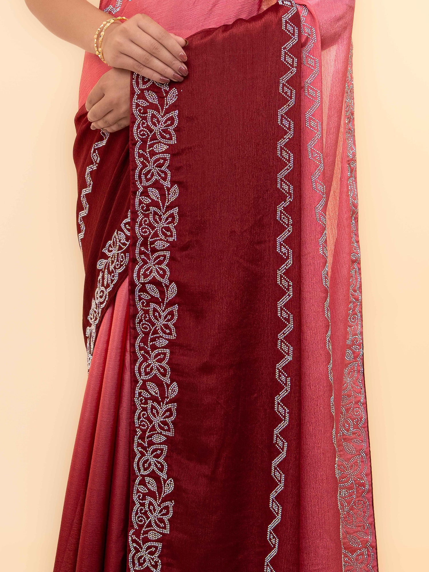 Maroon &amp; Pink Minakari Silk Saree