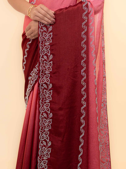 Maroon &amp; Pink Minakari Silk Saree