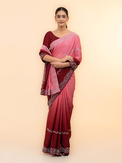 Maroon &amp; Pink Minakari Silk Saree