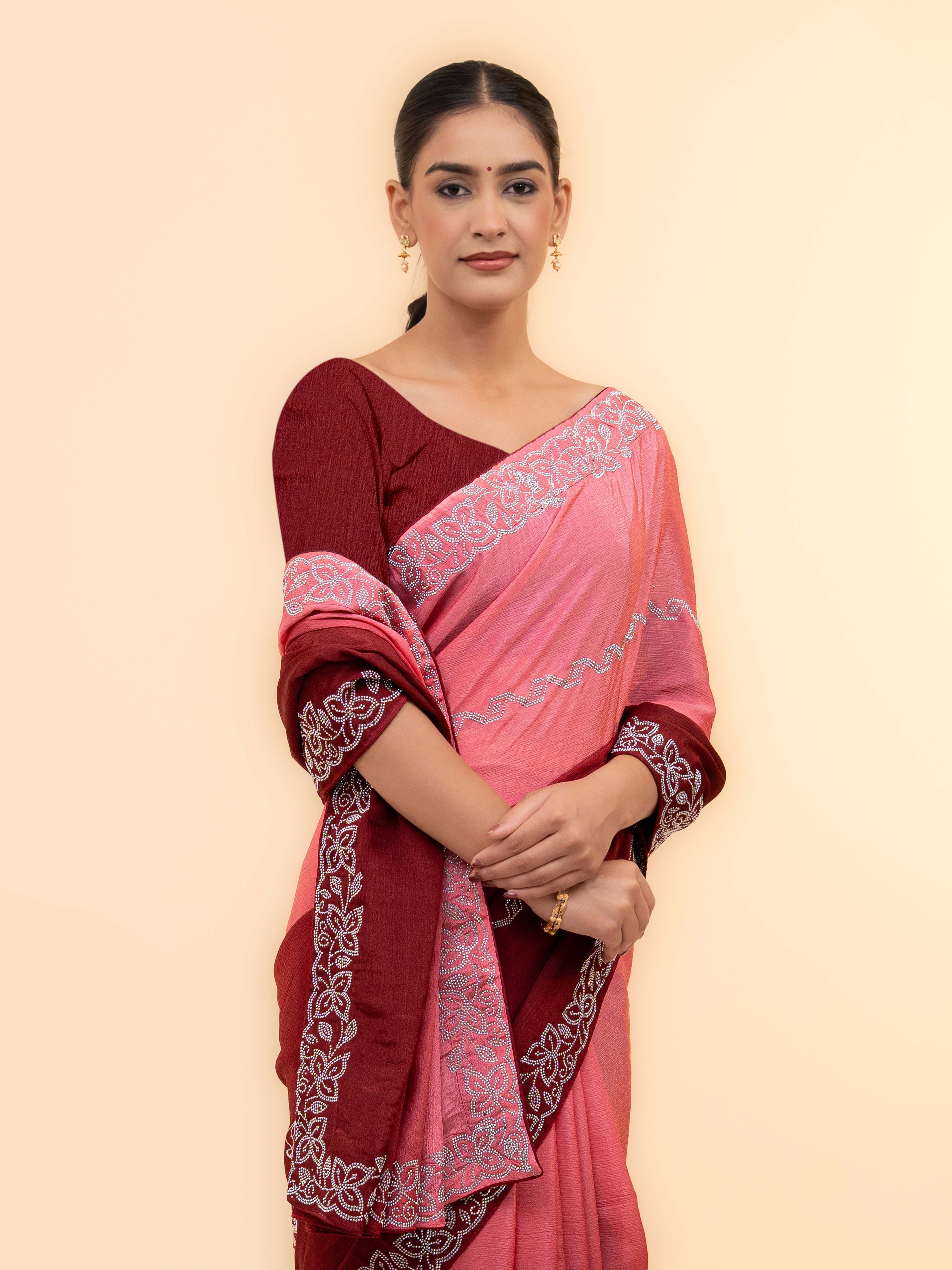 Maroon &amp; Pink Minakari Silk Saree