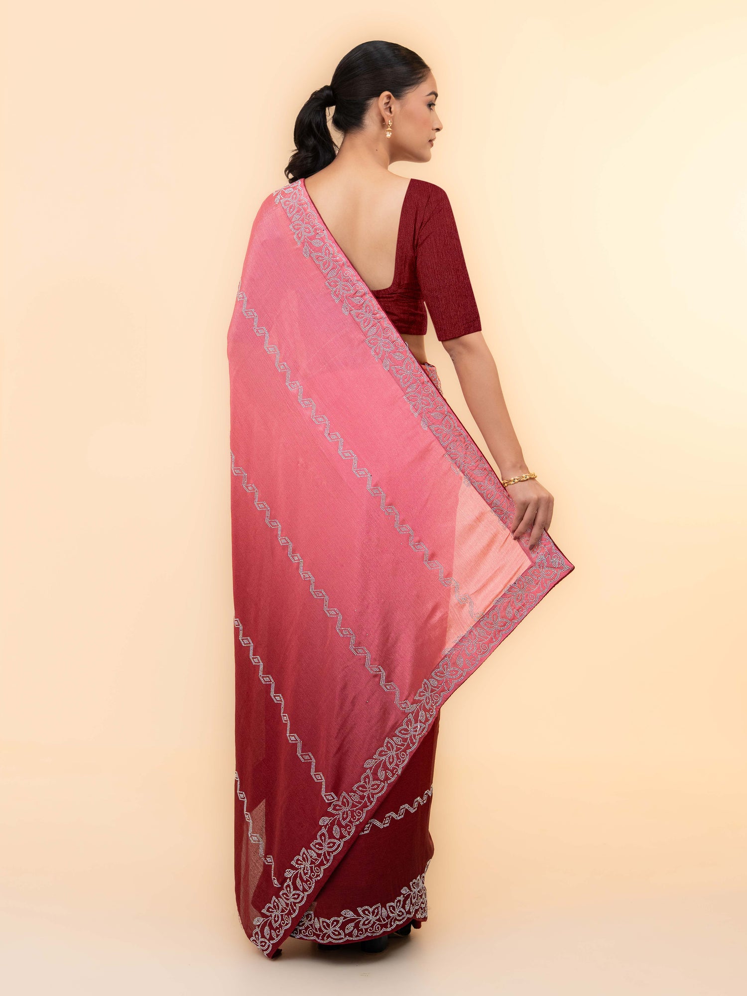 Maroon &amp; Pink Minakari Silk Saree