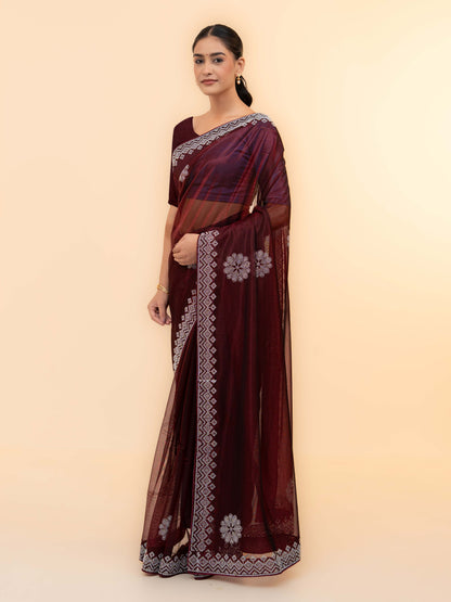 Burgundy Soft Net Saree