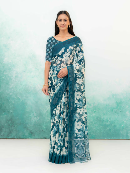 Teal Blue Chiffon Saree