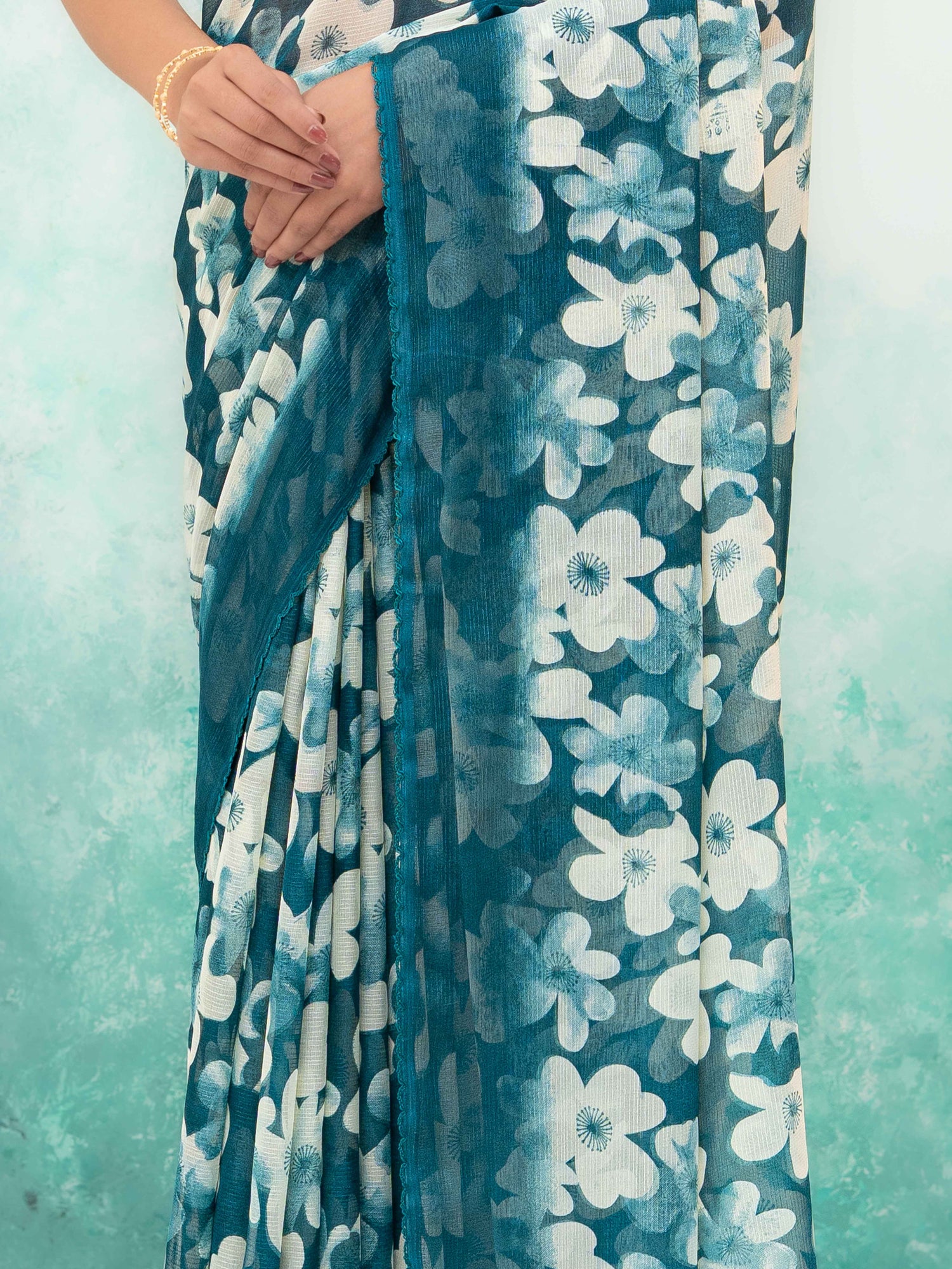 Teal Blue Chiffon Saree