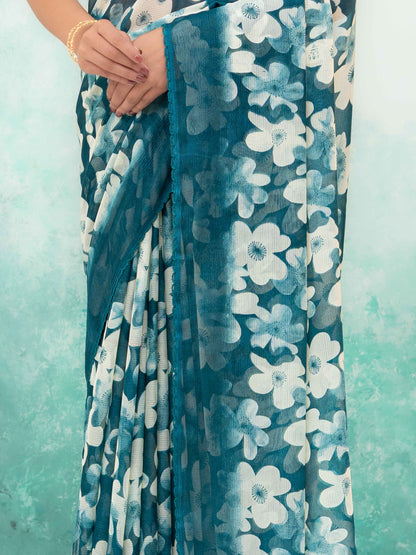 Teal Blue Chiffon Saree
