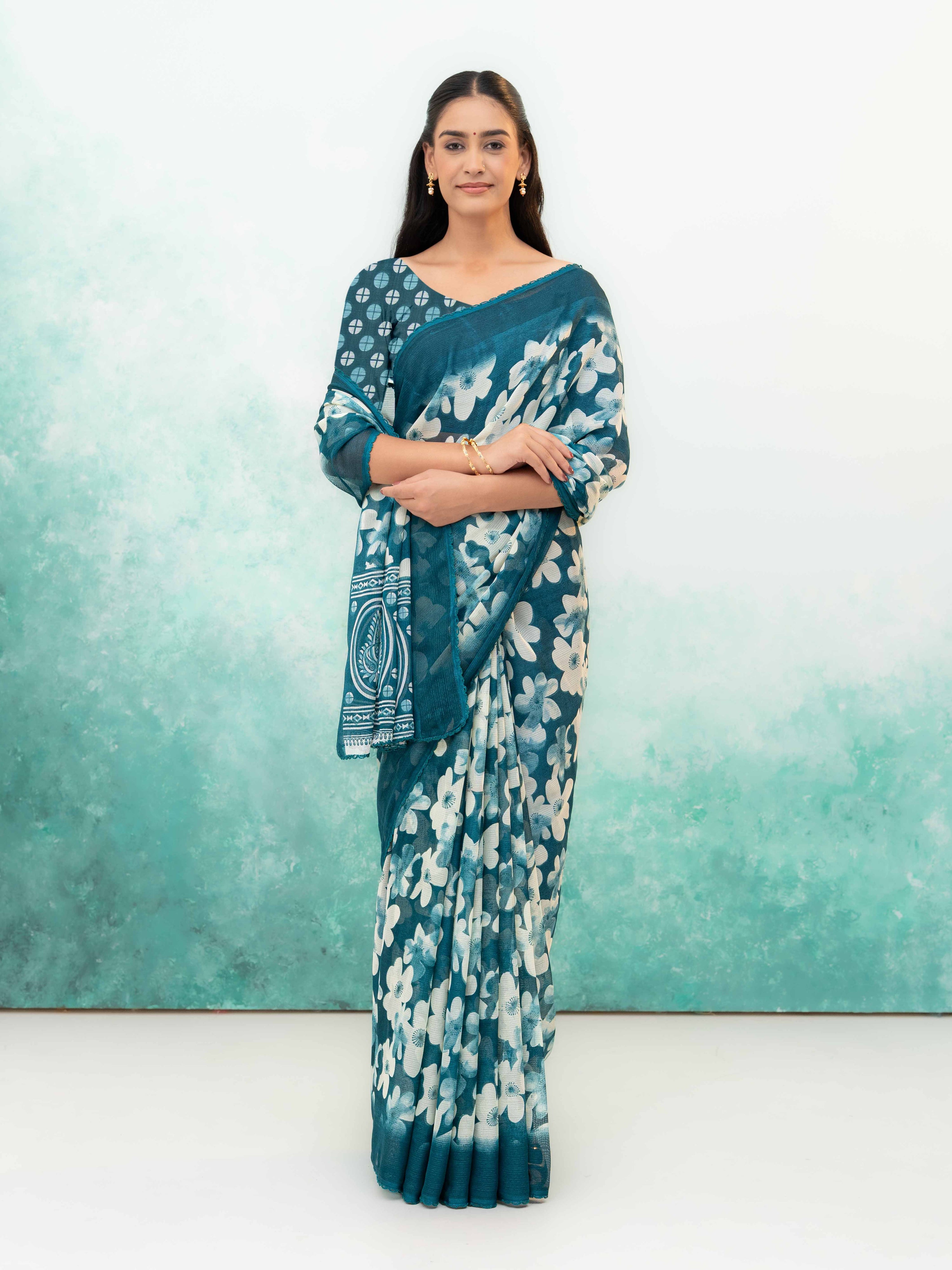 Teal Blue Chiffon Saree