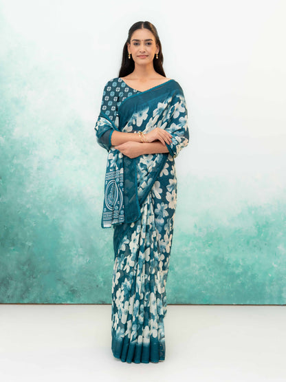 Teal Blue Chiffon Saree