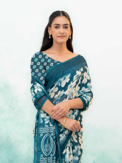 Teal Blue Chiffon Saree