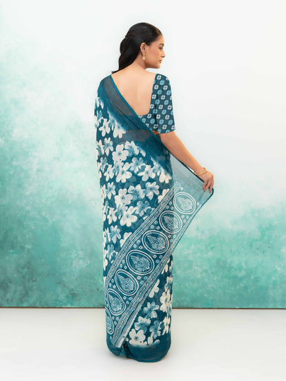 Teal Blue Chiffon Saree