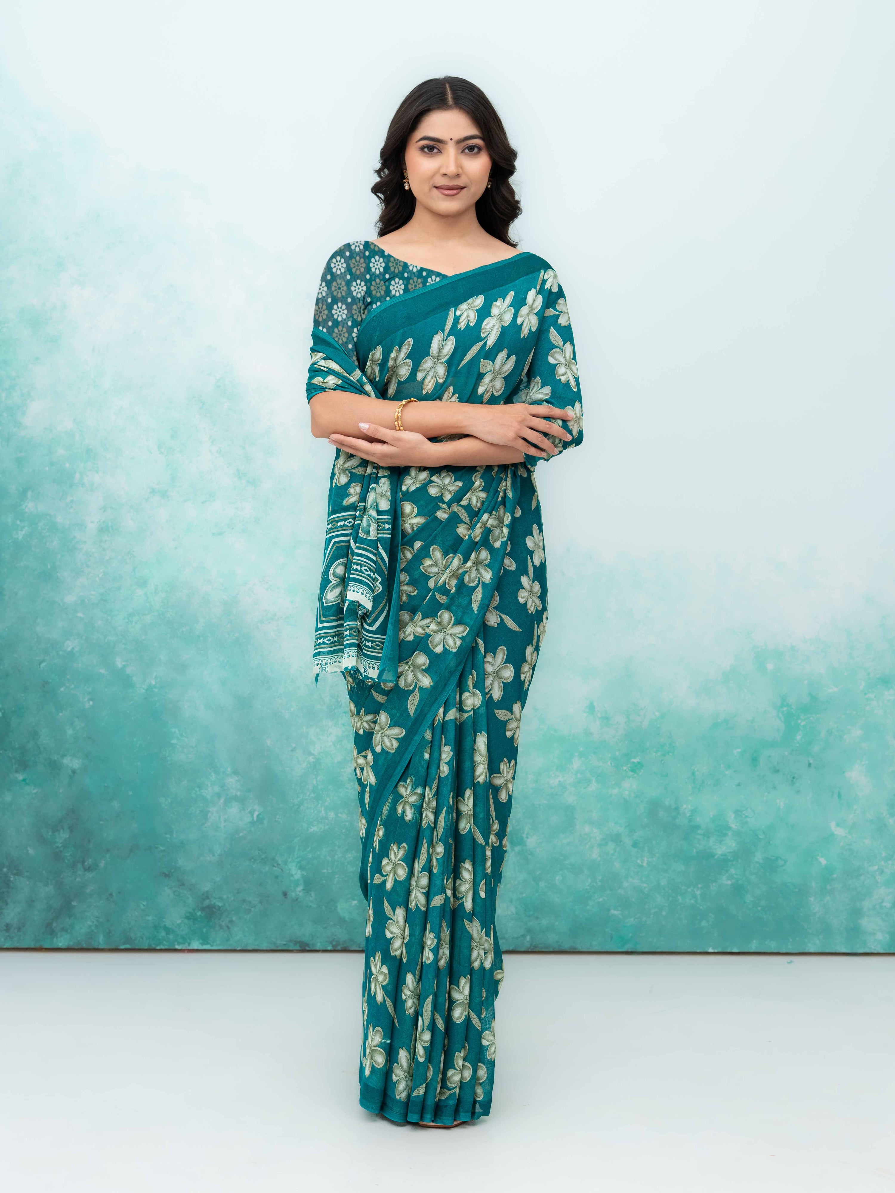 Teal Blue Georgette Saree