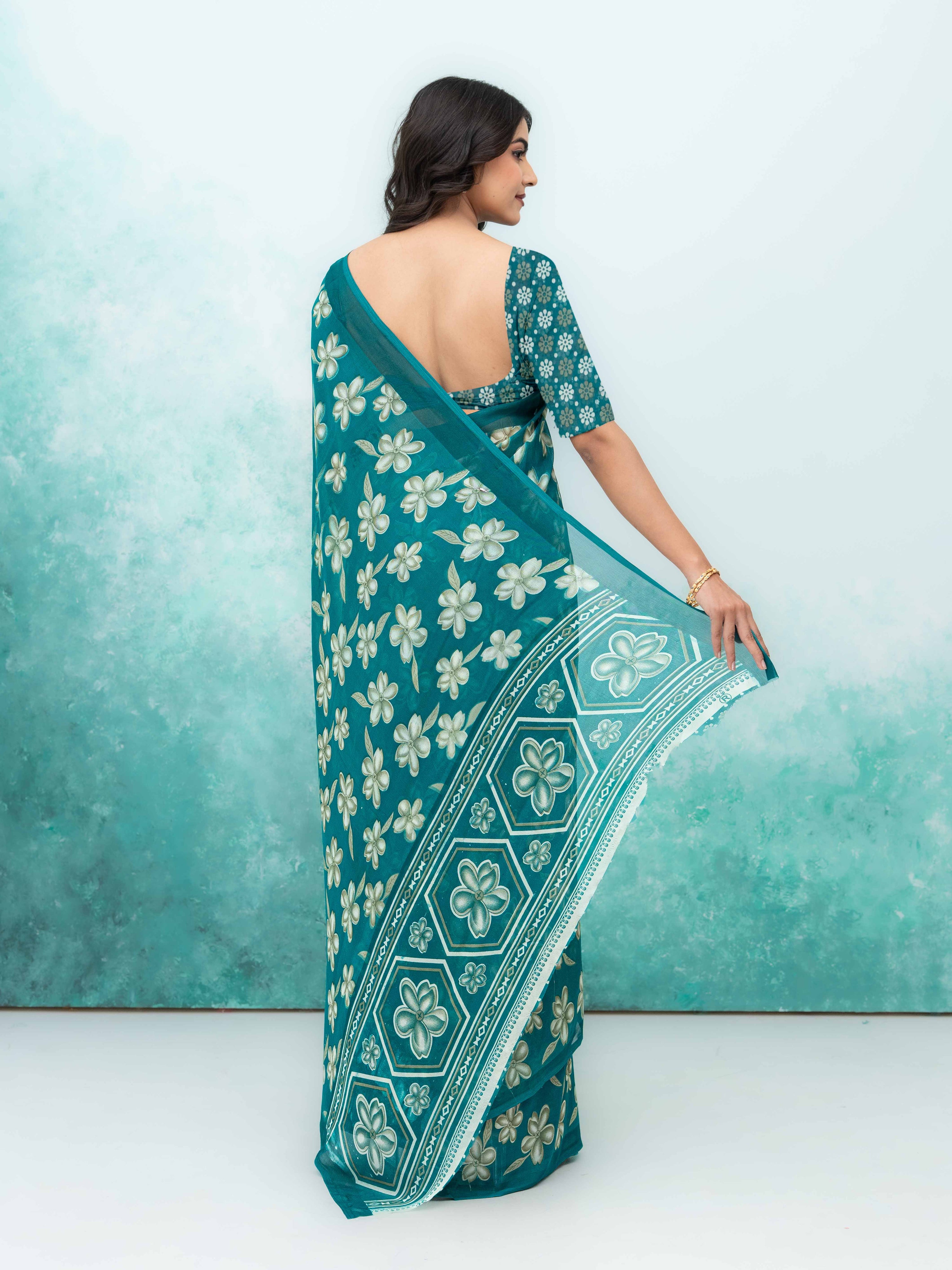 Teal Blue Georgette Saree