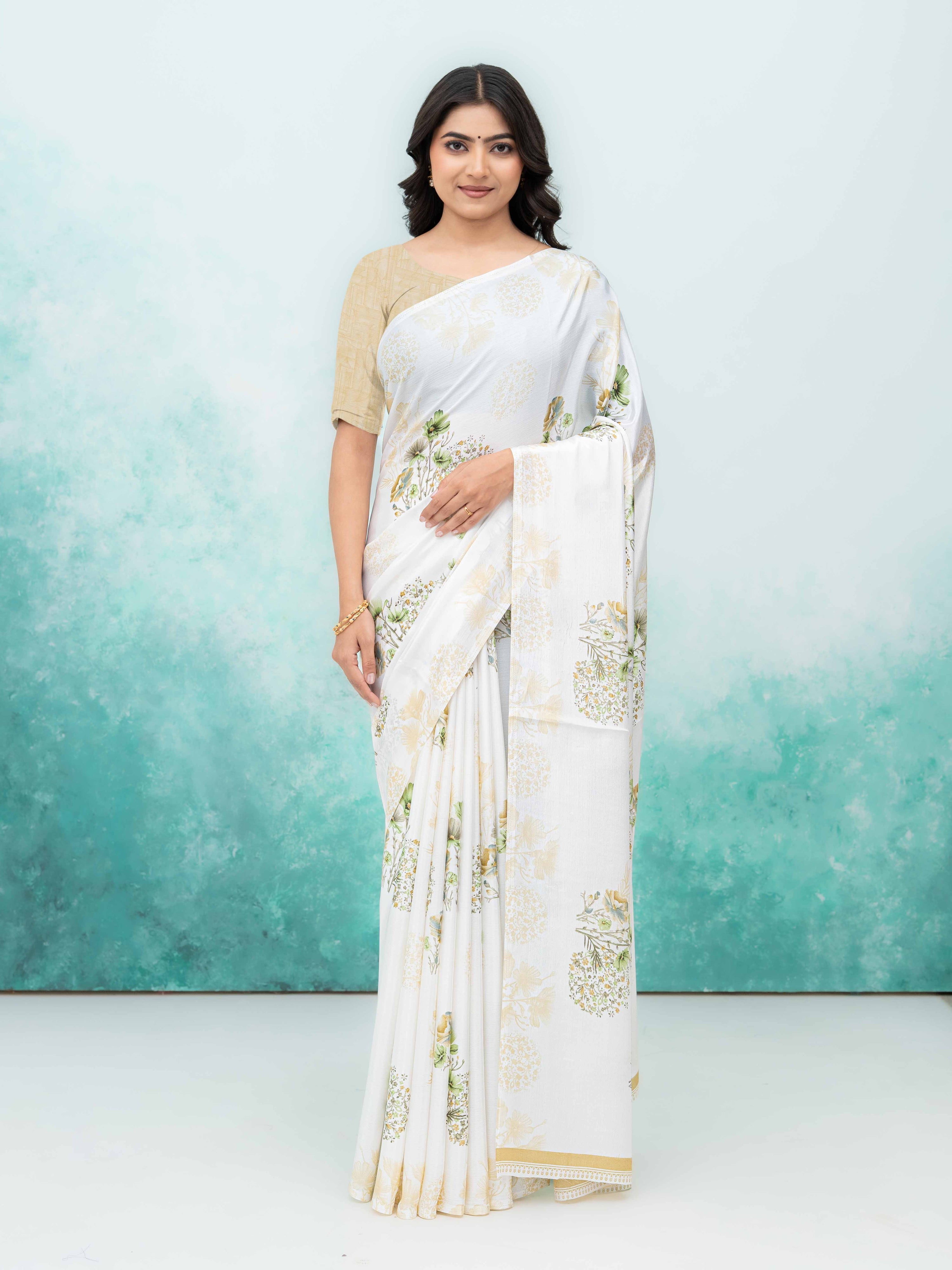 White &amp; Green Coral Silk Saree