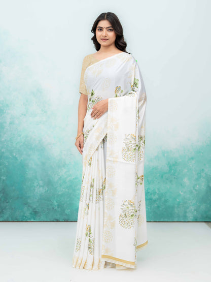 White &amp; Green Coral Silk Saree