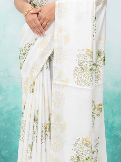 White &amp; Green Coral Silk Saree