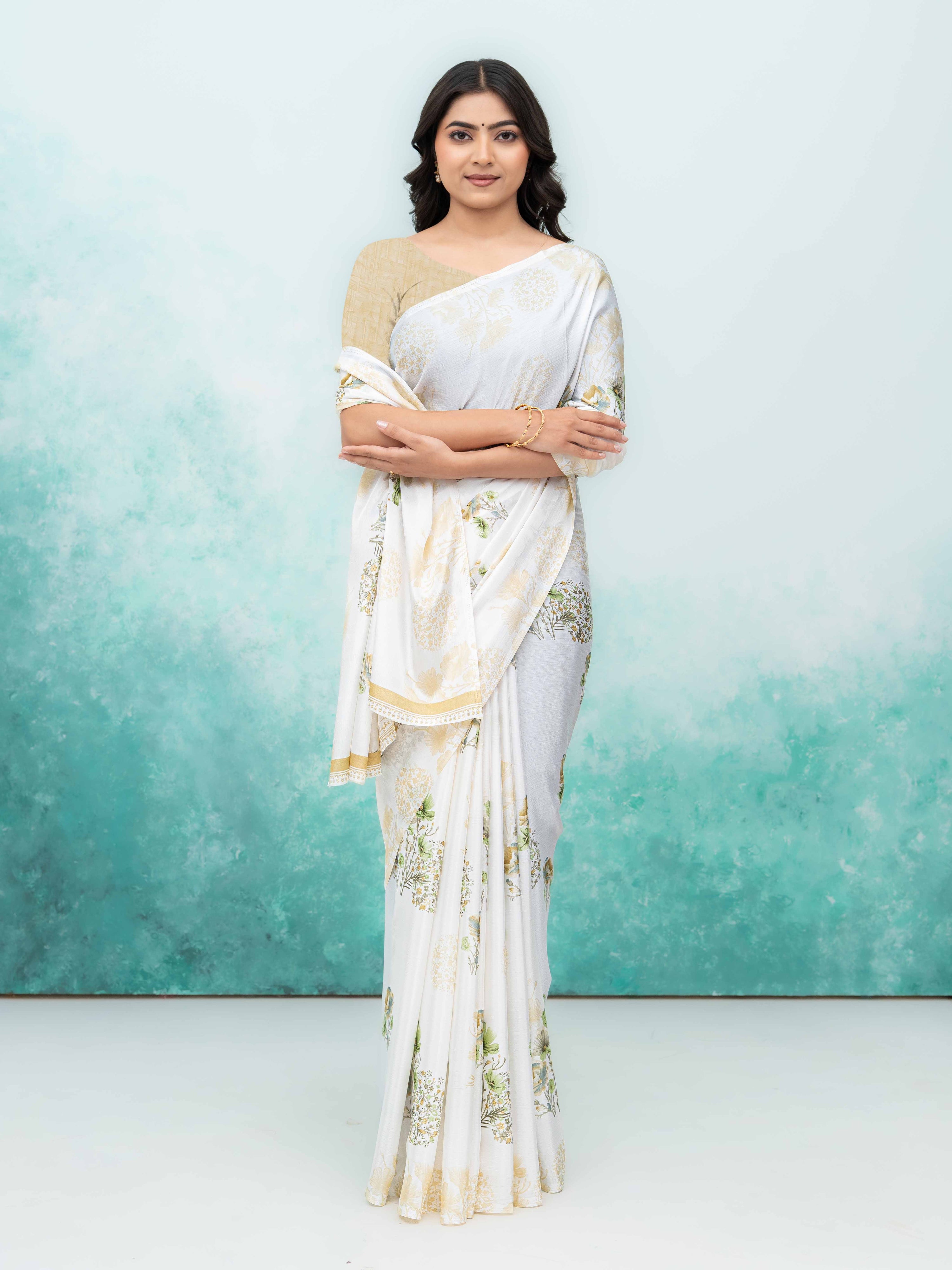 White &amp; Green Coral Silk Saree