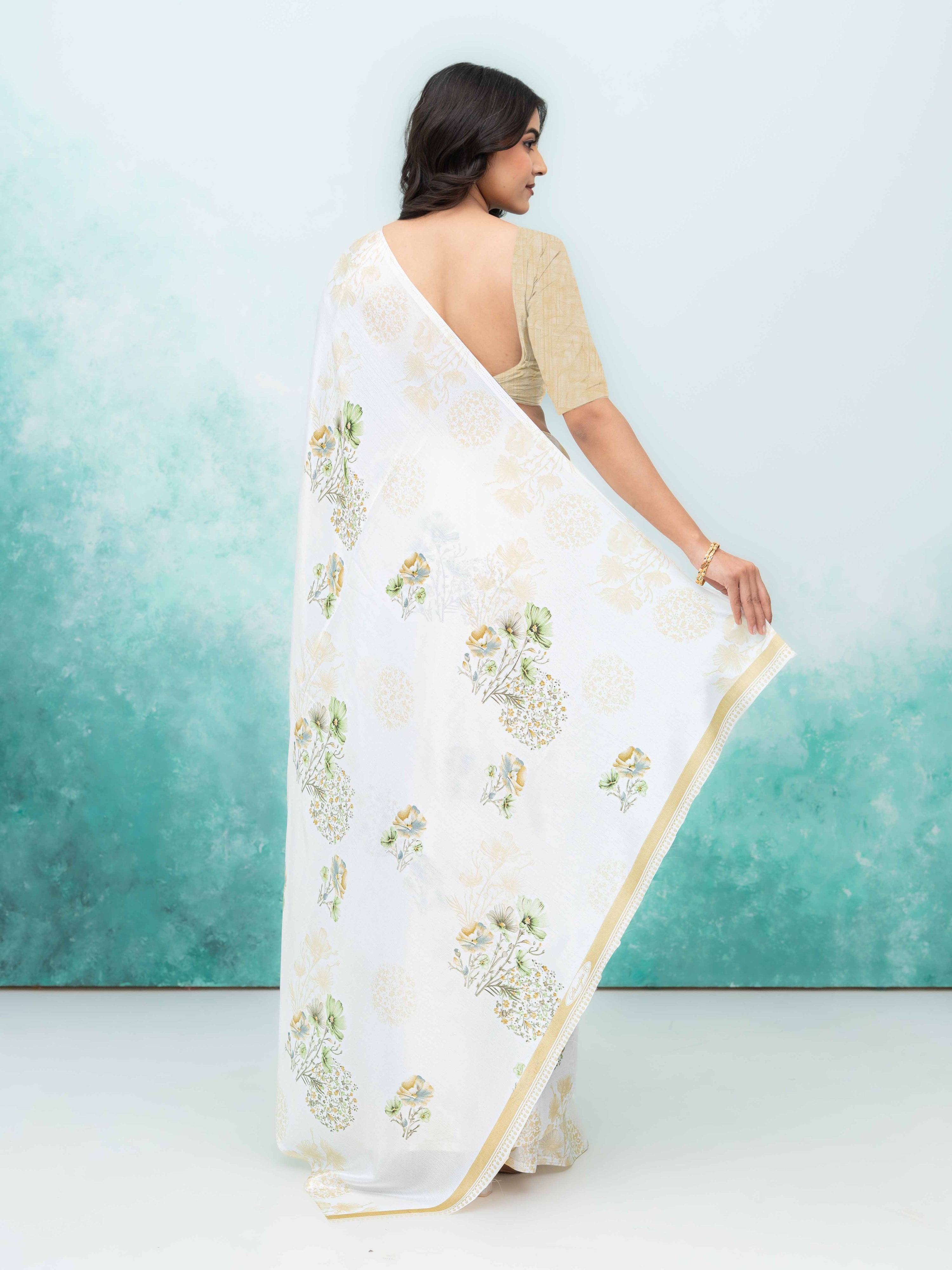 White &amp; Green Coral Silk Saree