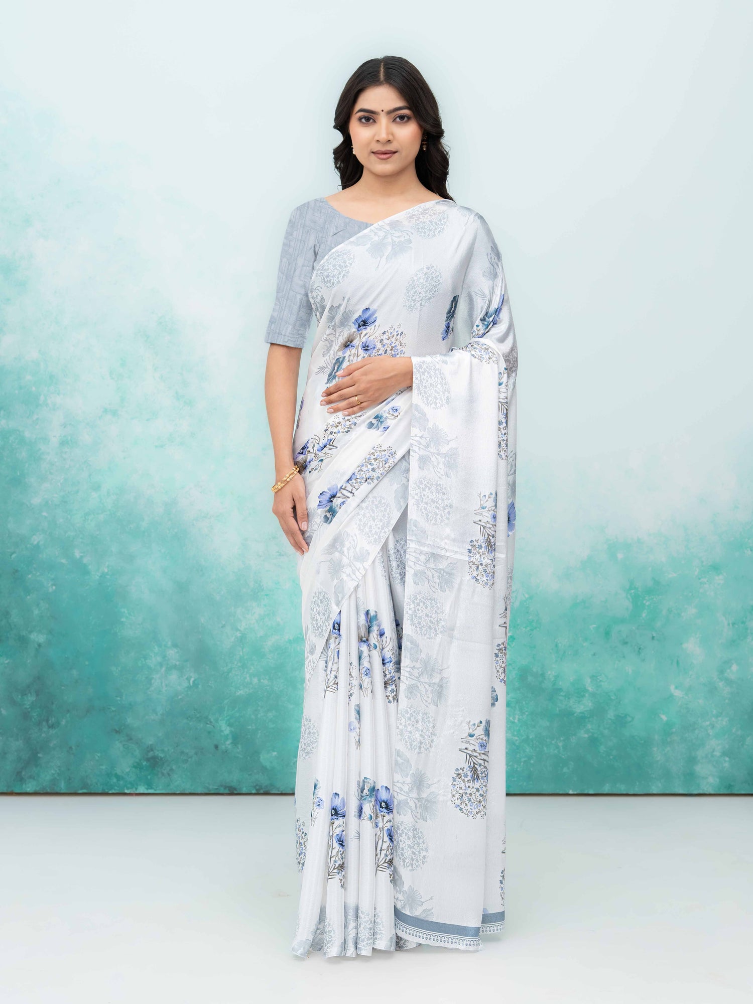 White &amp; Gray Coral Silk Saree