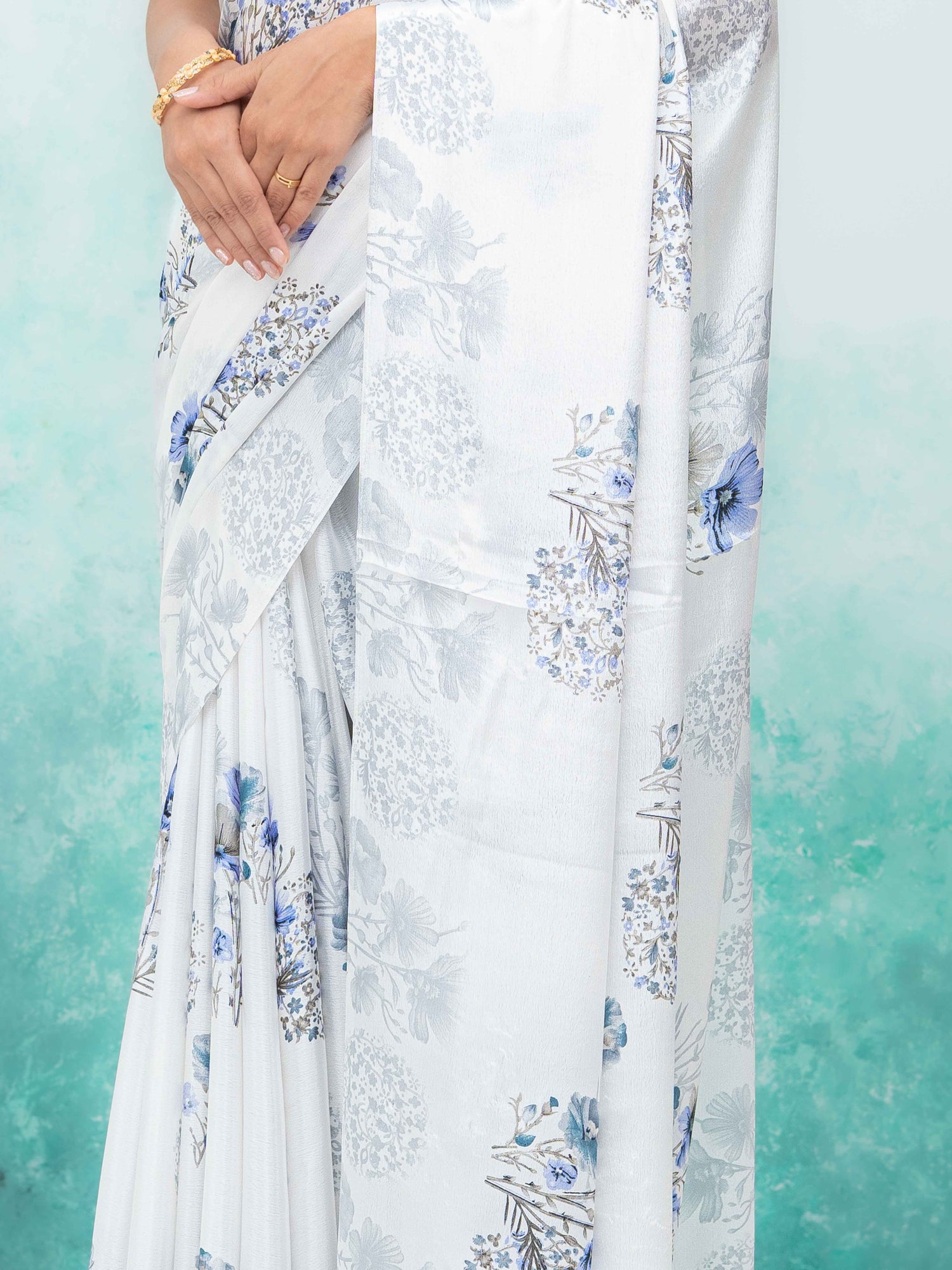 White &amp; Gray Coral Silk Saree