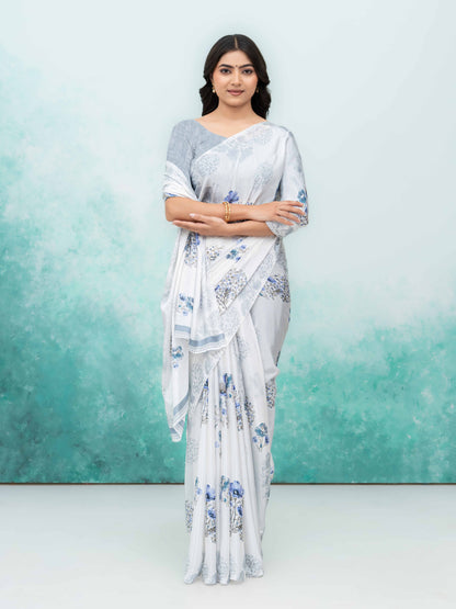 White &amp; Gray Coral Silk Saree