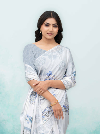 White &amp; Gray Coral Silk Saree