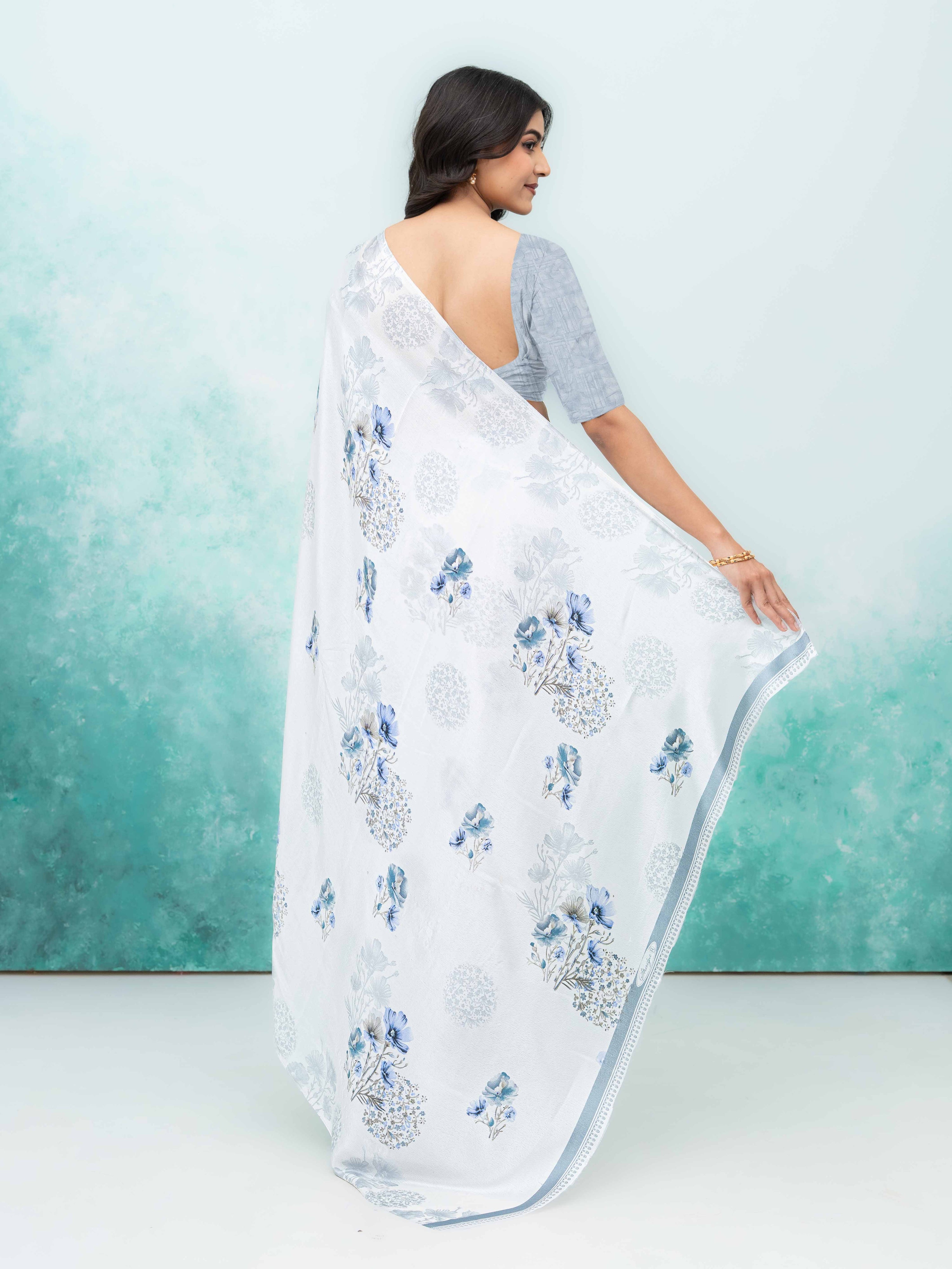 White &amp; Gray Coral Silk Saree