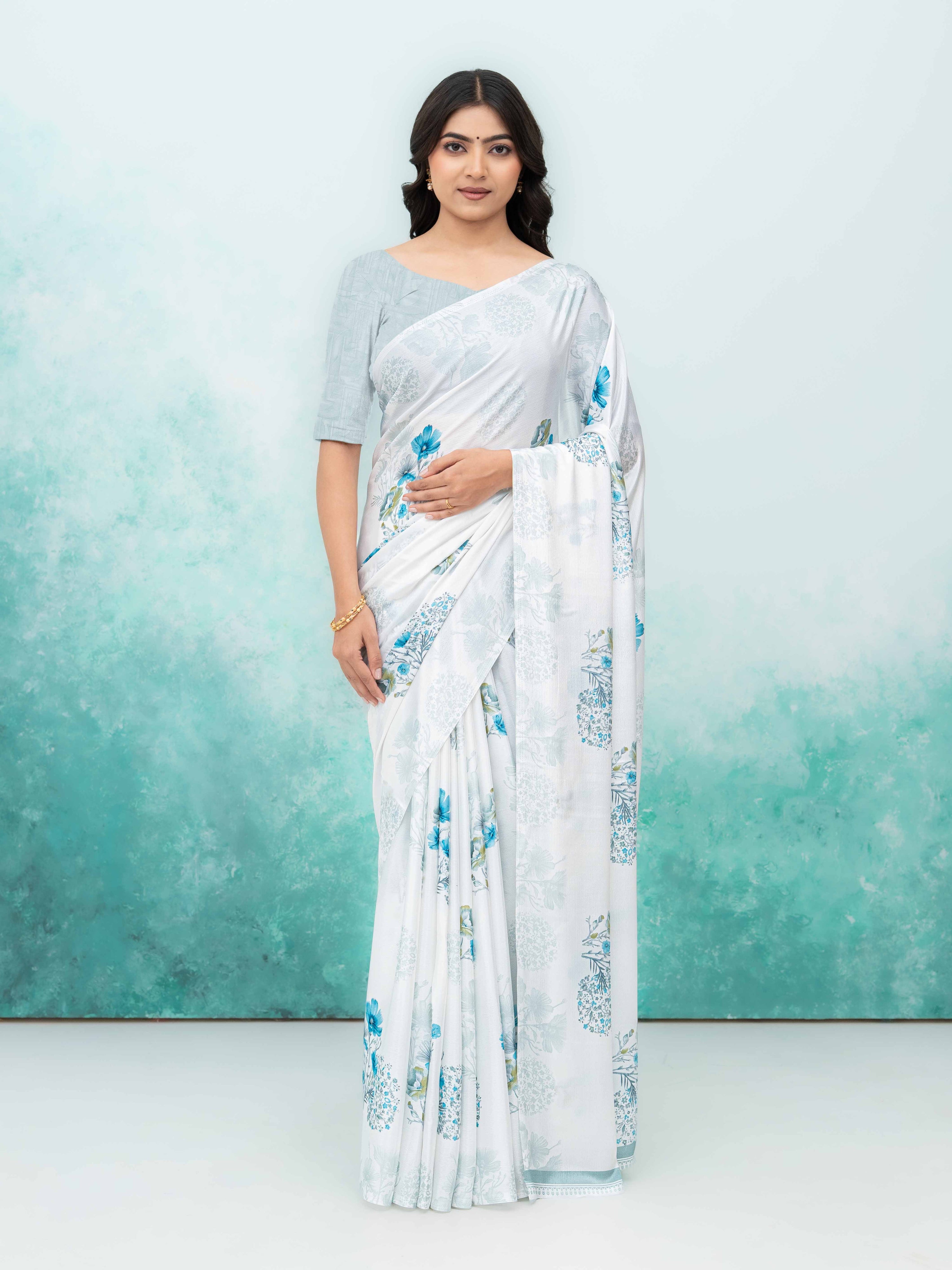 White &amp; Sky Blue Coral Silk Saree