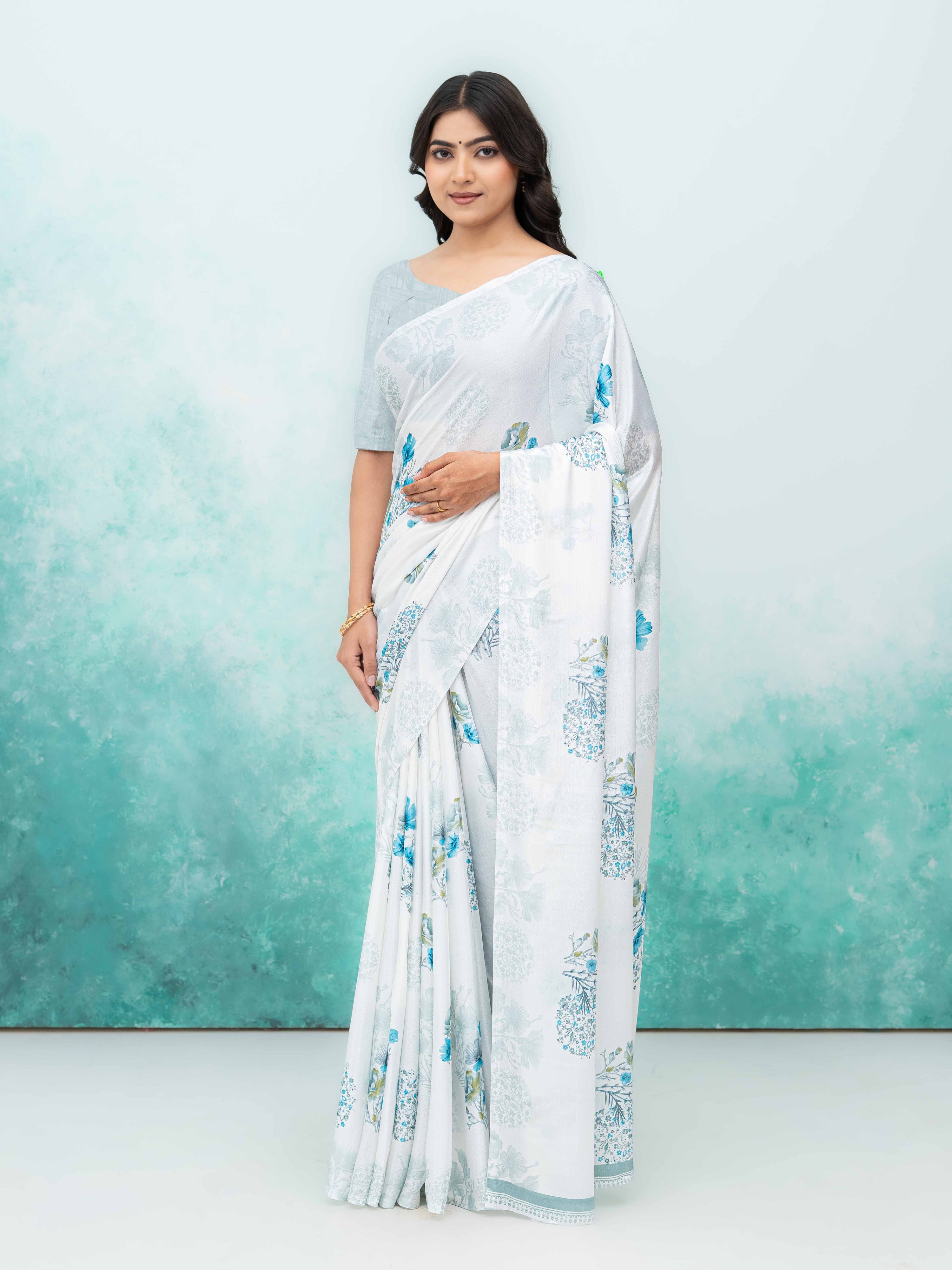 White &amp; Sky Blue Coral Silk Saree