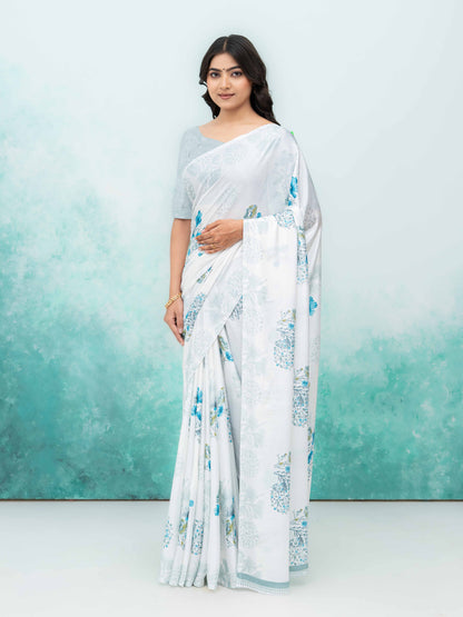 White &amp; Sky Blue Coral Silk Saree