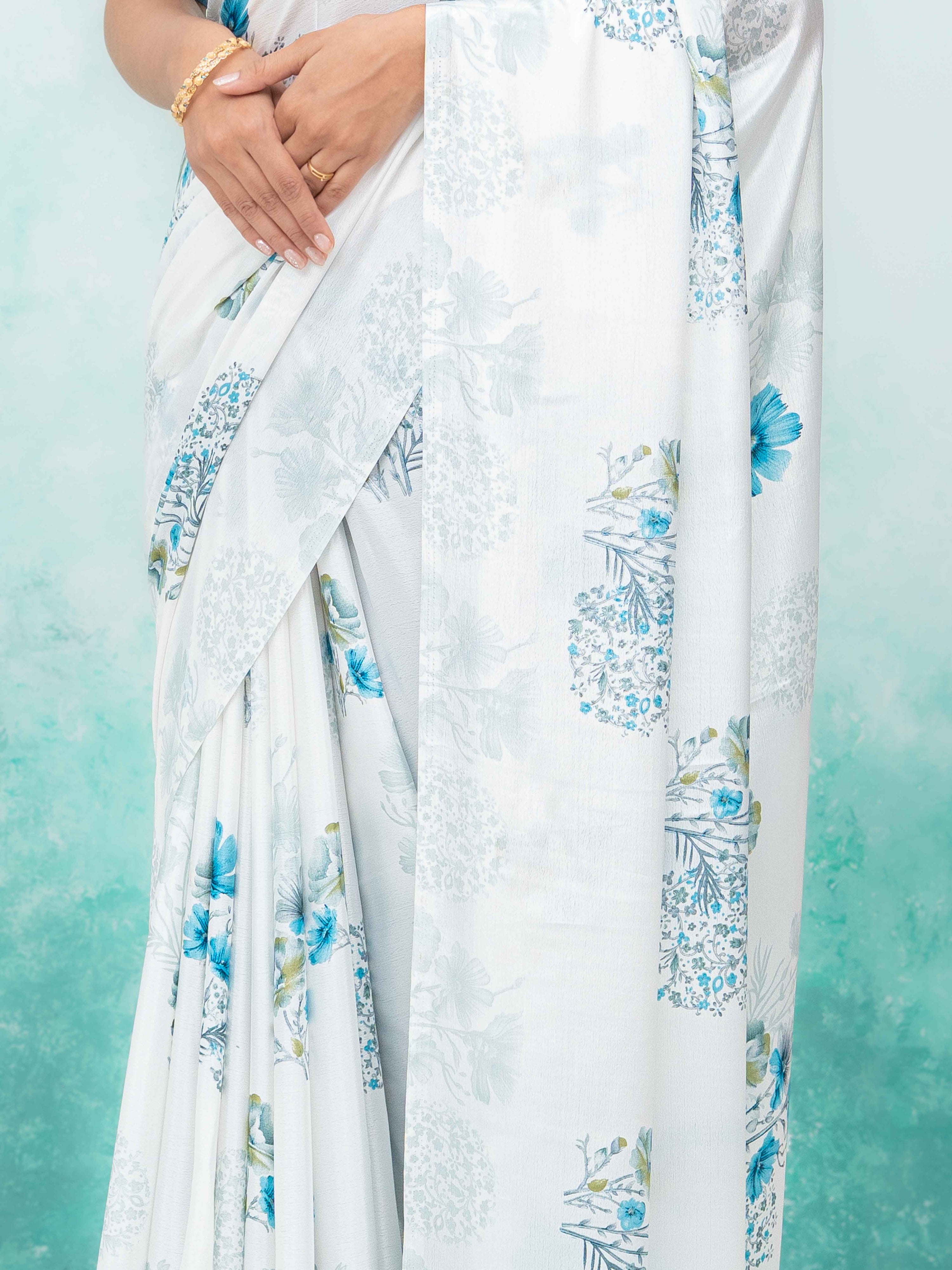 White &amp; Sky Blue Coral Silk Saree