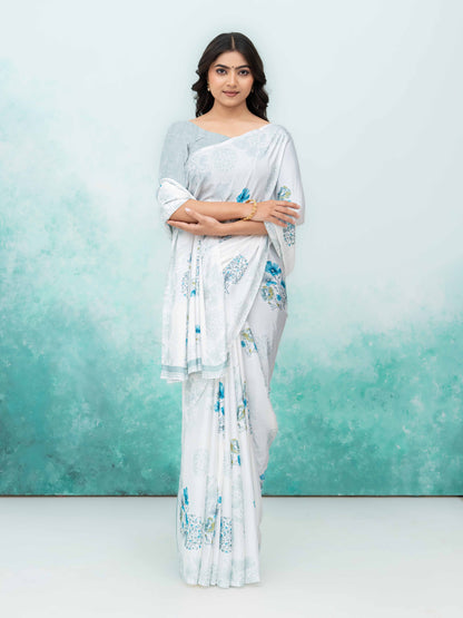 White &amp; Sky Blue Coral Silk Saree