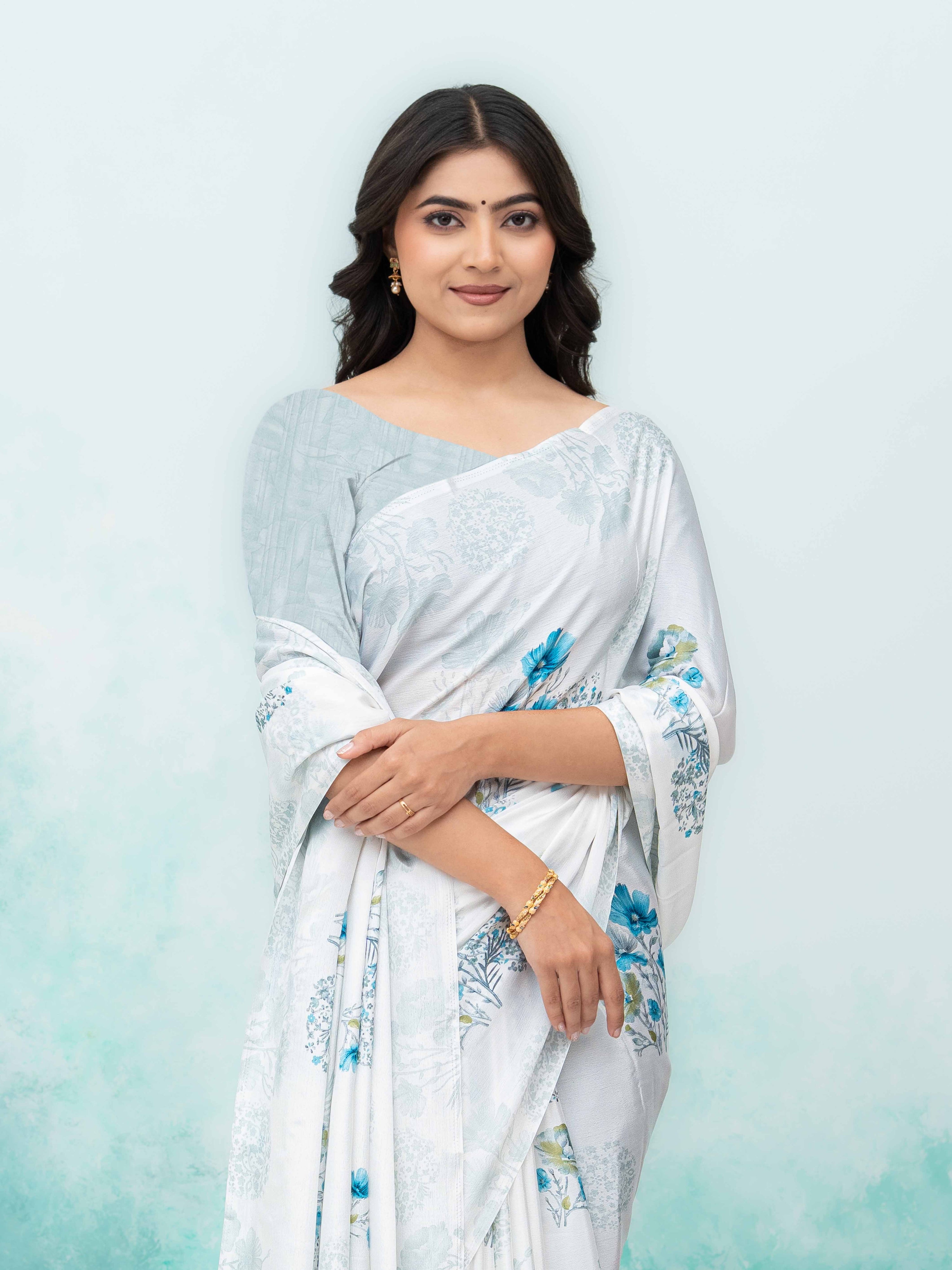 White &amp; Sky Blue Coral Silk Saree