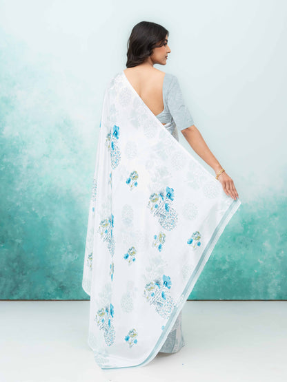 White &amp; Sky Blue Coral Silk Saree