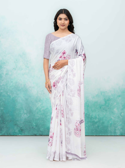White &amp; Pink Coral Silk Saree