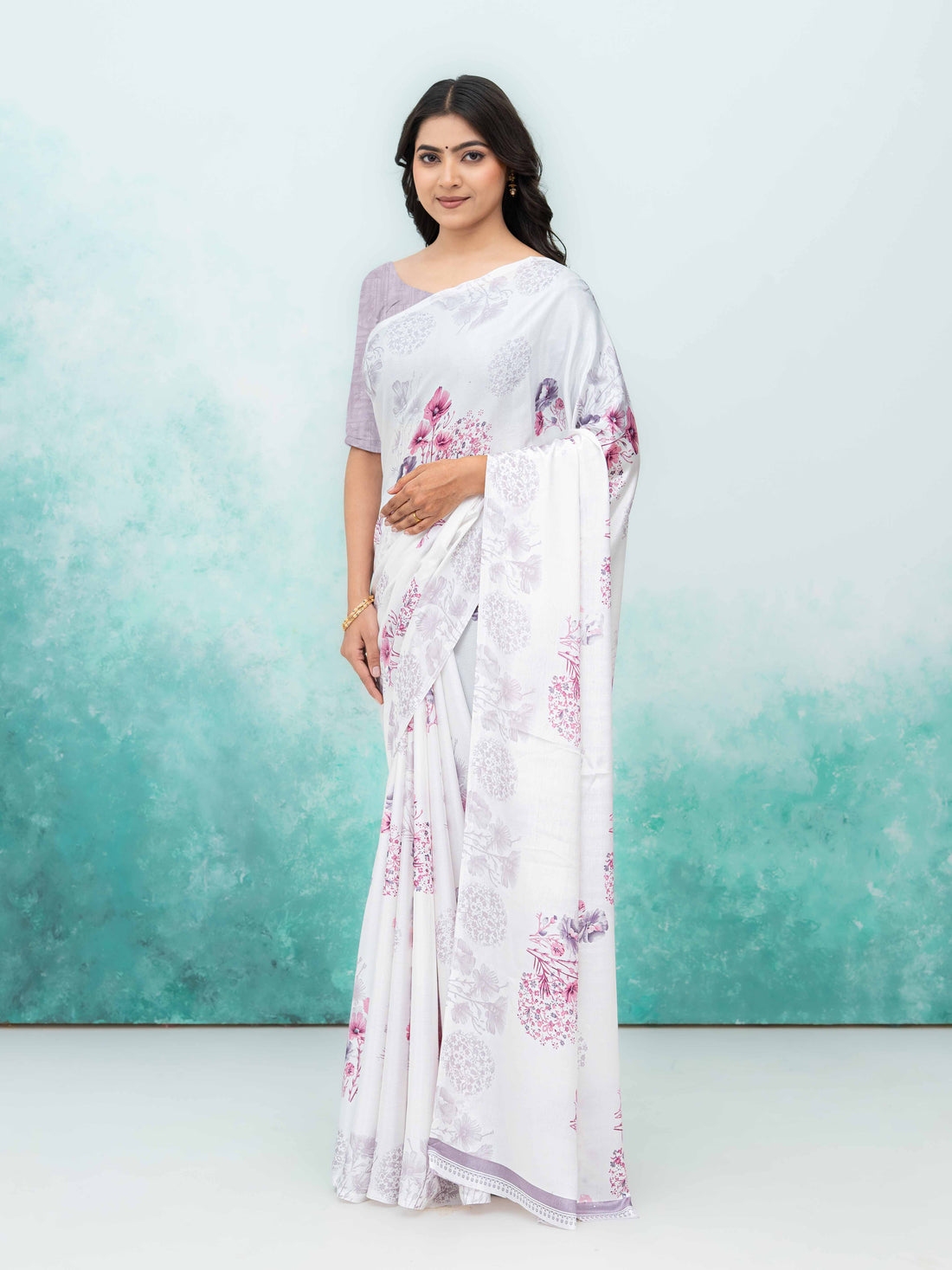 White &amp; Pink Coral Silk Saree