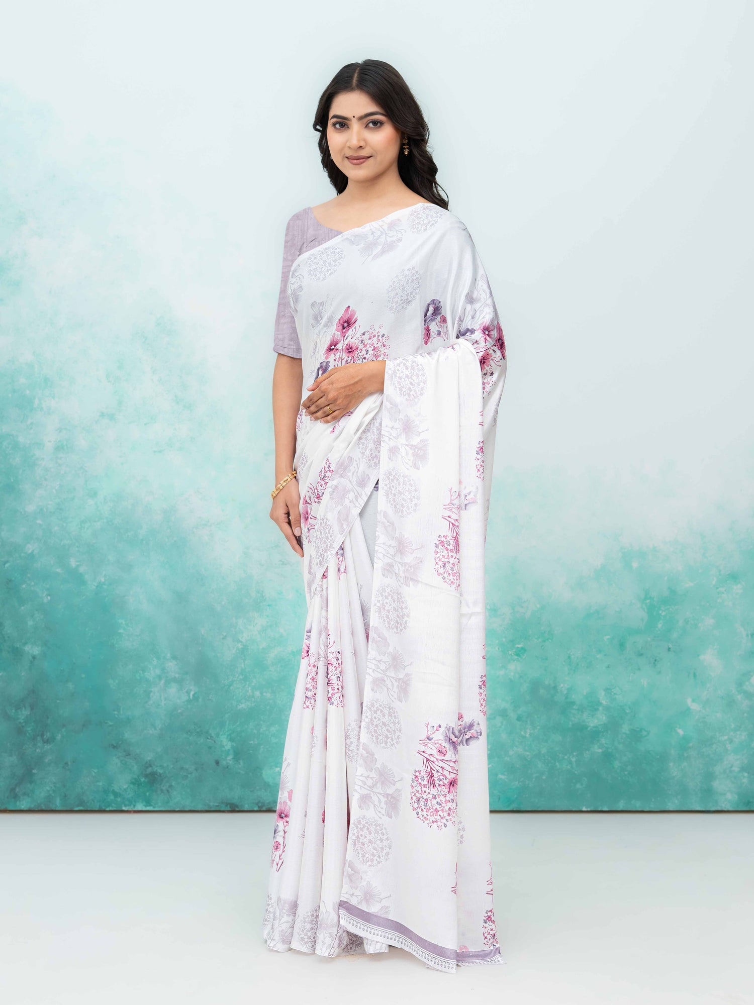 White &amp; Pink Coral Silk Saree