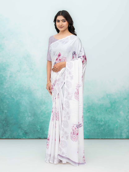 White &amp; Pink Coral Silk Saree