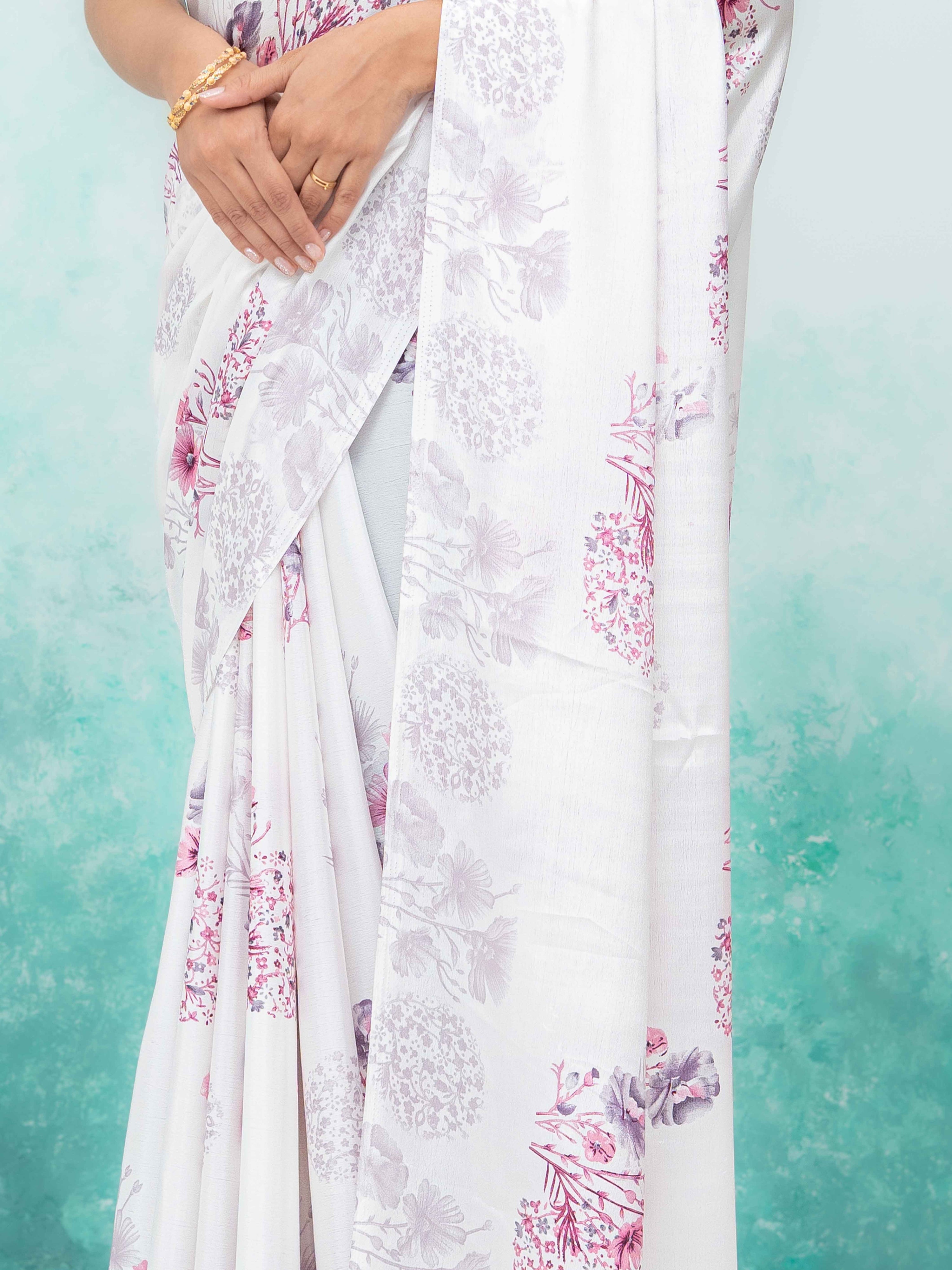 White &amp; Pink Coral Silk Saree