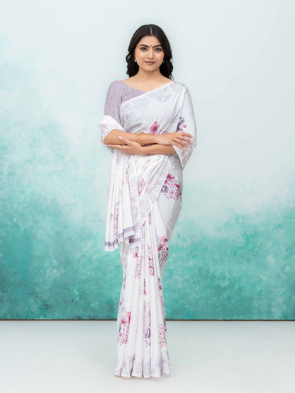 White &amp; Pink Coral Silk Saree