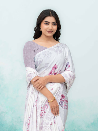 White &amp; Pink Coral Silk Saree