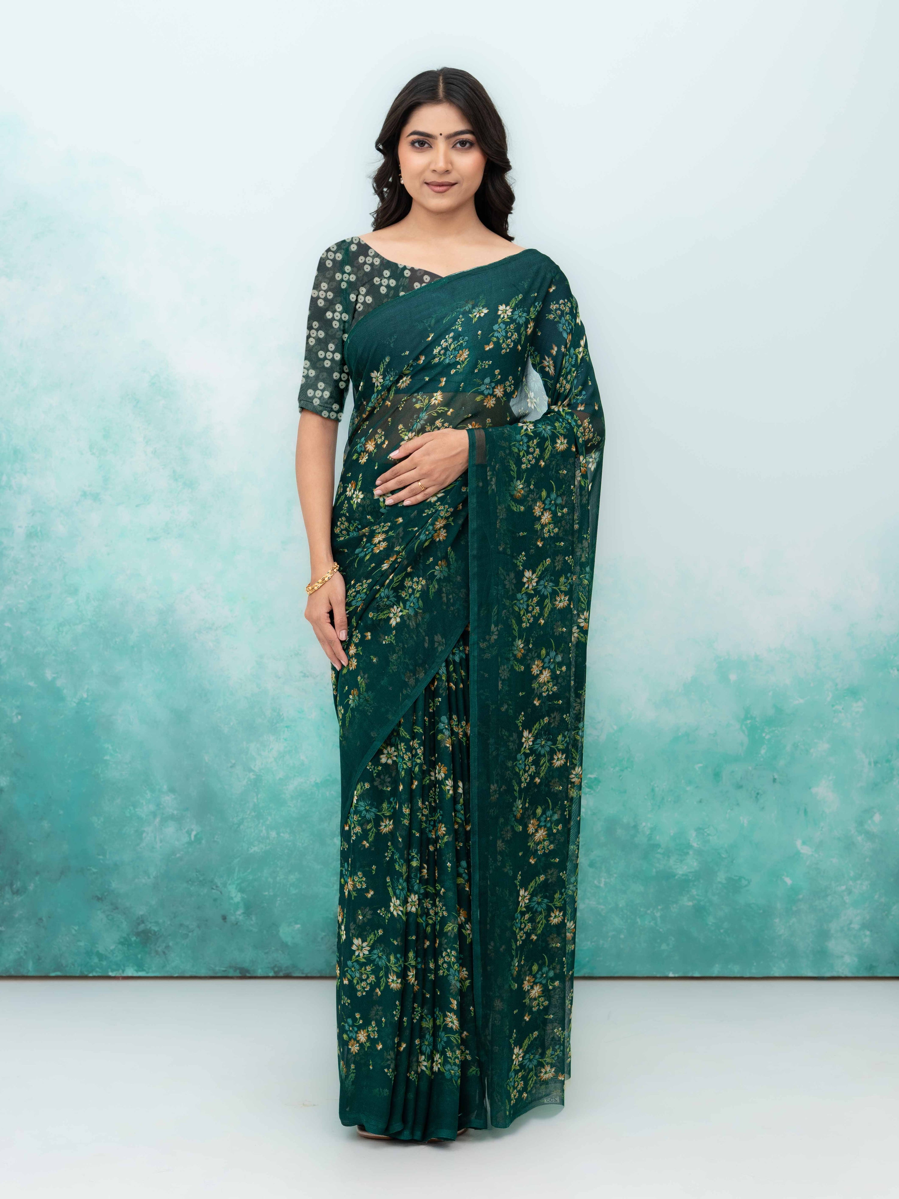 Dark Green Chiffon Saree