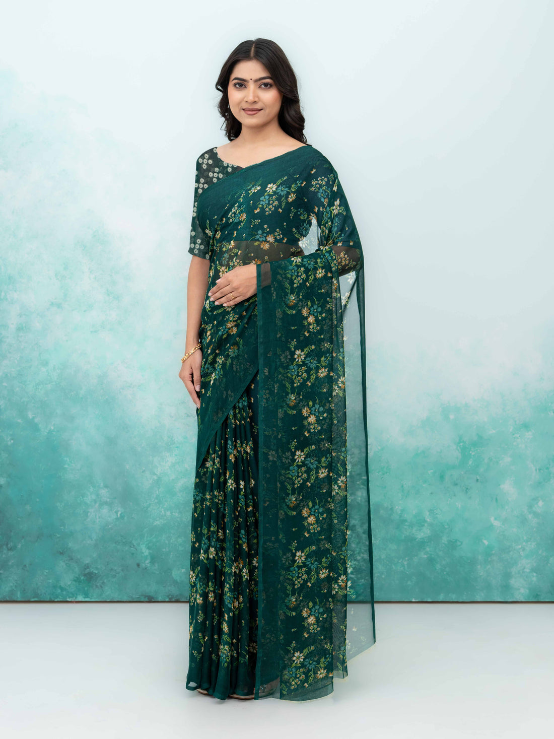 Dark Green Chiffon Saree