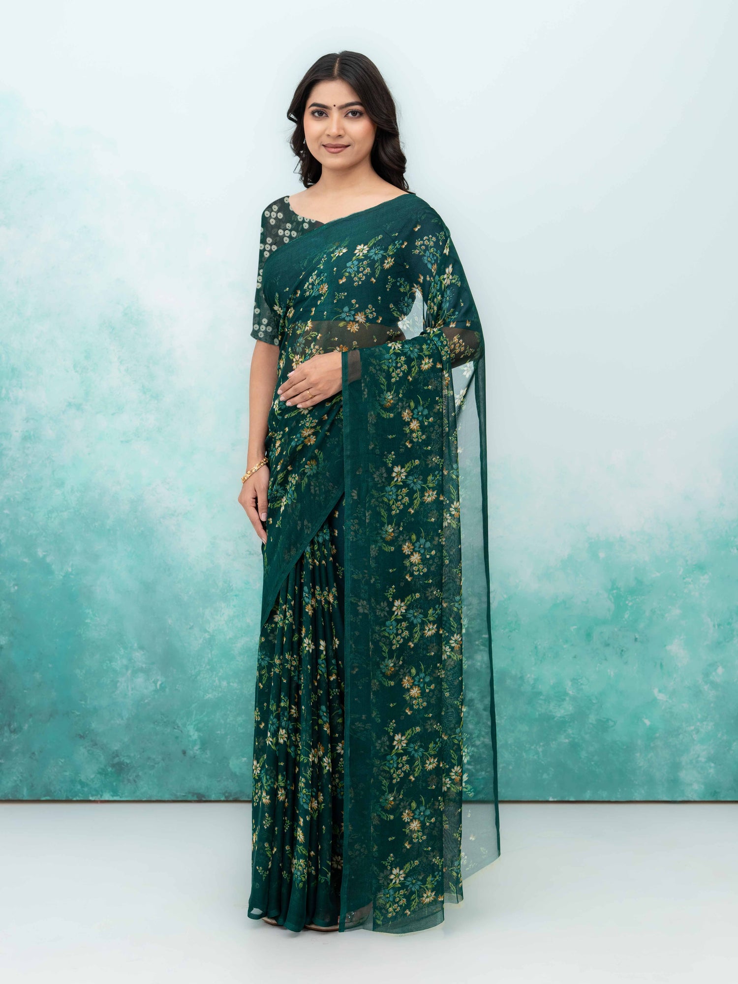 Dark Green Chiffon Saree