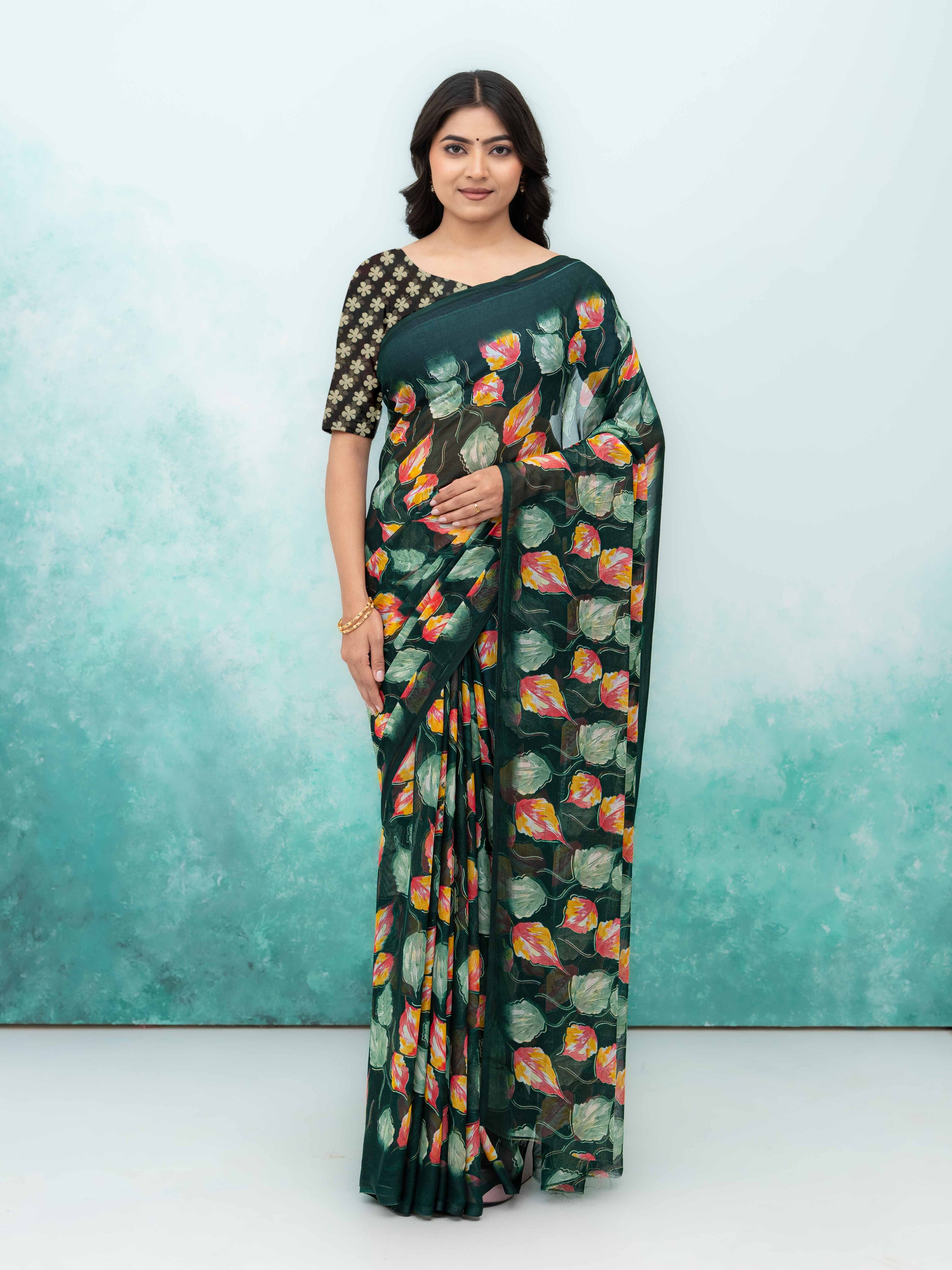 Bottle Green Chiffon Saree