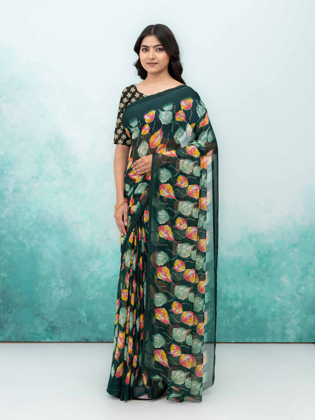 Bottle Green Chiffon Saree