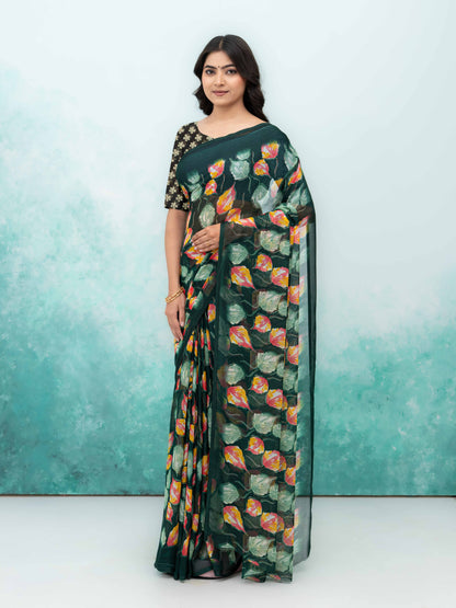 Bottle Green Chiffon Saree