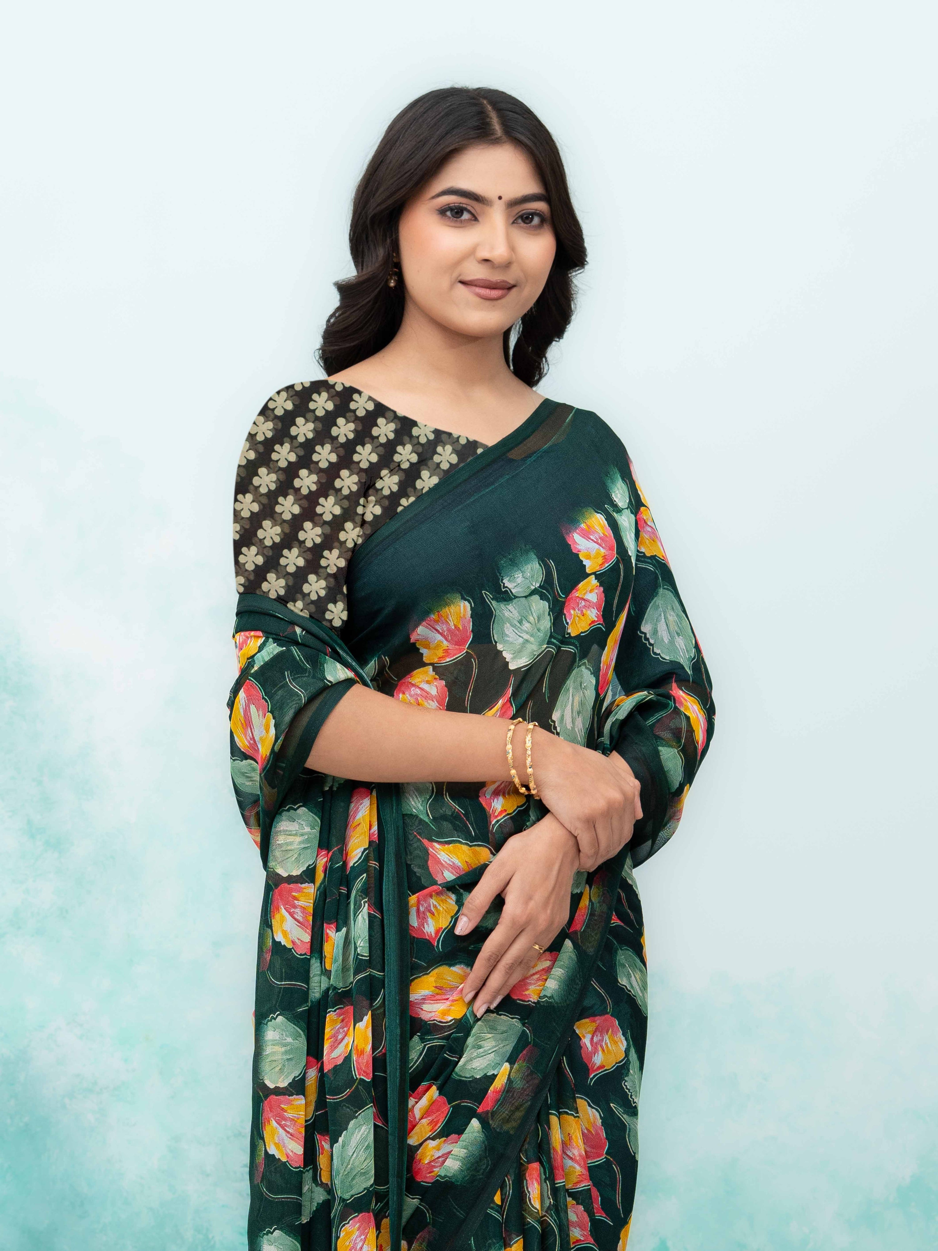 Bottle Green Chiffon Saree