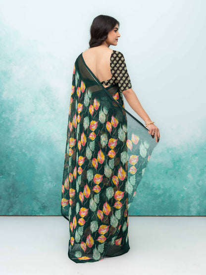 Bottle Green Chiffon Saree