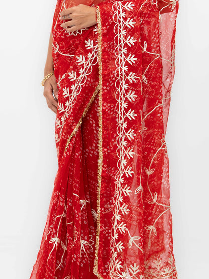Red Pure Georgette Gotta Bandhej Saree