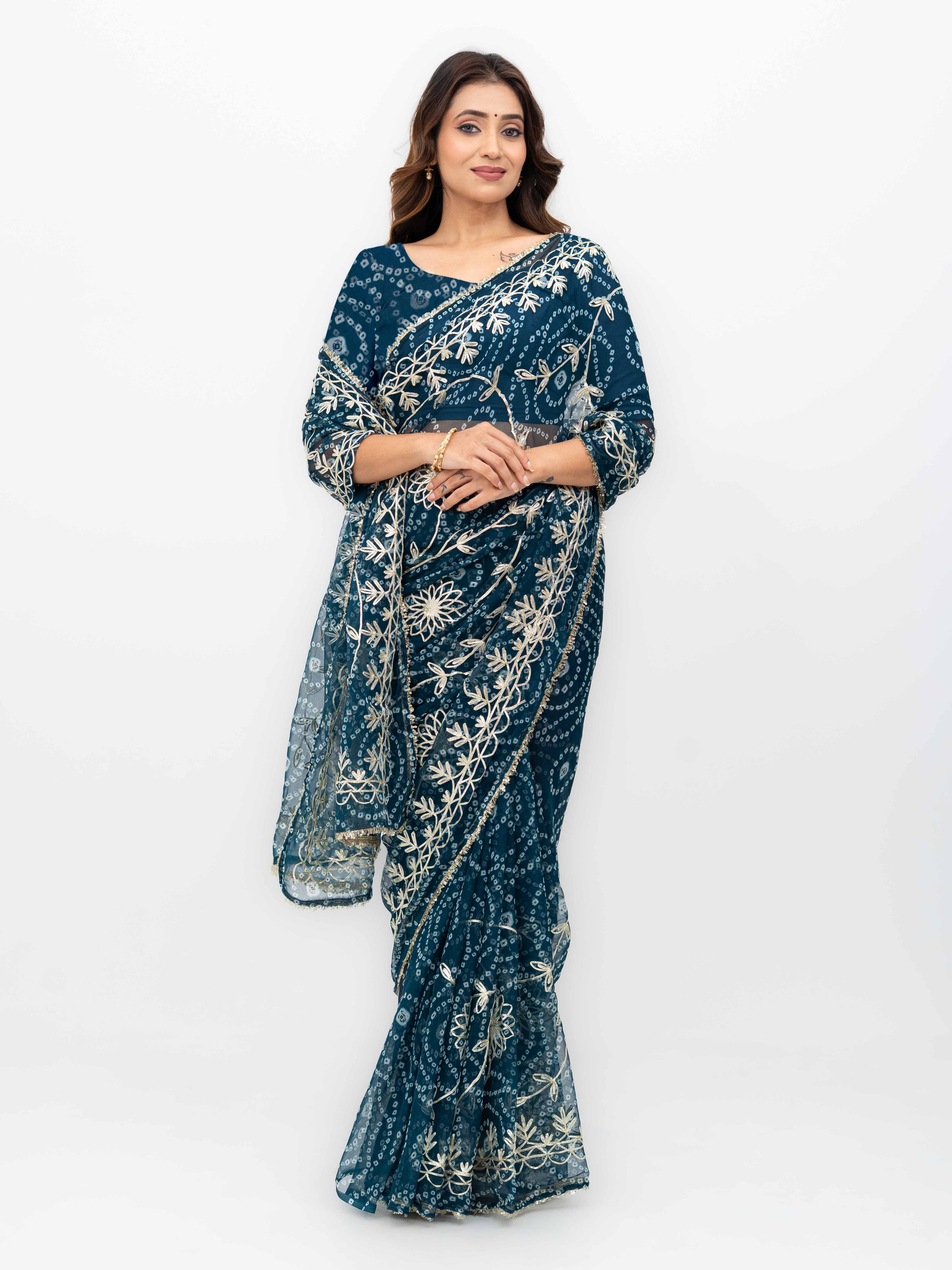Teal Pure Georgette Gotta Bandhej Saree