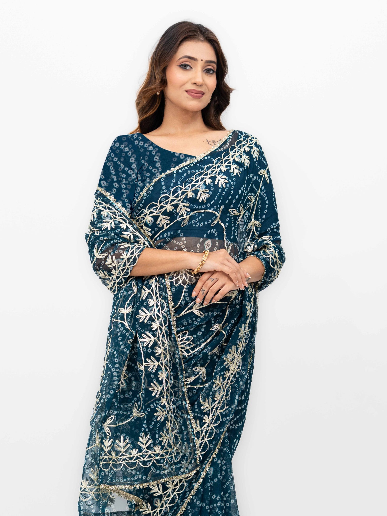 Teal Pure Georgette Gotta Bandhej Saree